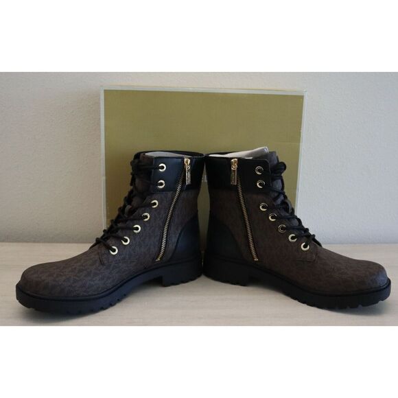 Michael Kors Women Sz 10M Brwn/Blck Alistar Lace-Up Lug Sole Combat Booties $160 - Picture 2 of 8